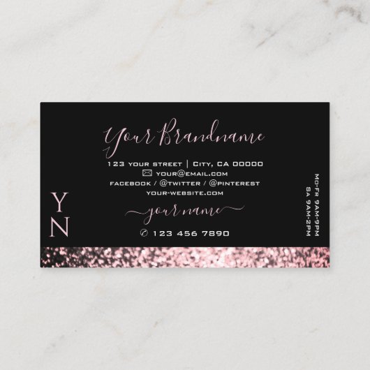 Elegant zwart roze mousserend glitter met monogram visitekaartje (Achterkant)