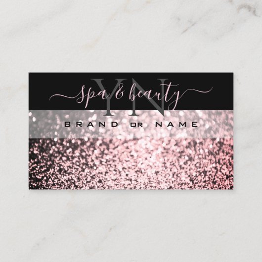 Elegant zwart roze mousserend glitter met monogram visitekaartje (Voorkant)