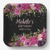 Elegant Zwart Roze Paarse Bloemen Glitter Verjaard Papieren Bordje (Voorkant)