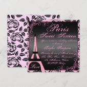 Elegant zwart & roze Paris Sweet16 Verjaardag Uitn Kaart (Voorkant / Achterkant)