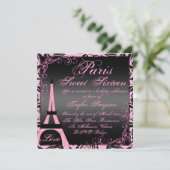 Elegant zwart & roze Paris Sweet16 Verjaardag Uitn Kaart (Staand voorkant)