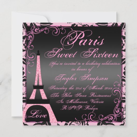 Elegant zwart & roze Paris Sweet16 Verjaardag Uitn Kaart (Voorkant)