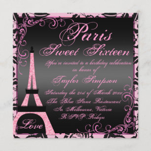 Elegant zwart & roze Paris Sweet16 Verjaardag Uitn Kaart