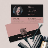 Elegant Zwart & Roze QR Code Hair Stylist Visitekaartje