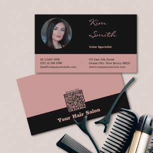 Elegant Zwart & Roze QR Code Hair Stylist Visitekaartje