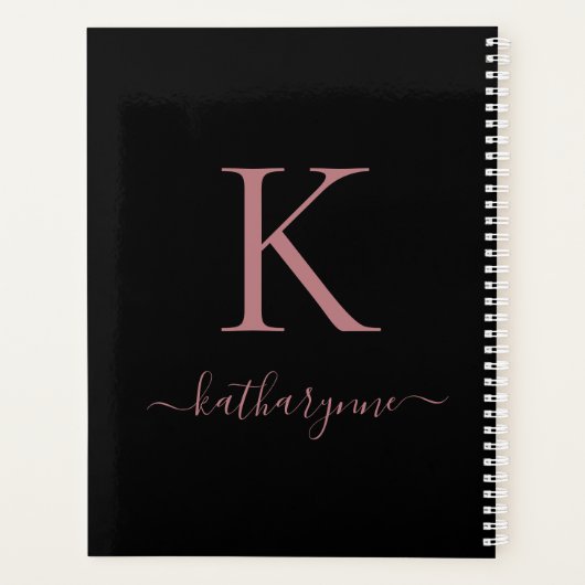 Elegant Zwart Roze Roos Goud Monogram Naam Planner (Achterkant)