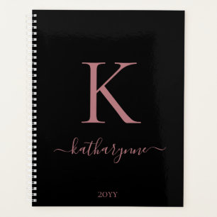 Elegant Zwart Roze Roos Goud Monogram Naam Planner