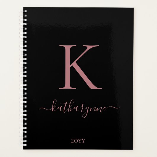 Elegant Zwart Roze Roos Goud Monogram Naam Planner (Voorkant)