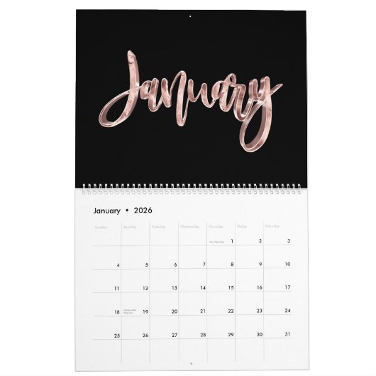 Elegant Zwart Roze Rose Goud Script Typografie Kalender (Jan 2026)