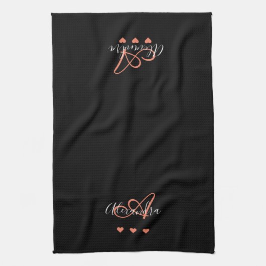 Elegant zwart roze script naam Monogram Theedoek (Verticaal)