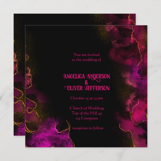 Elegant Zwart (roze tekst) Bruiloft uitnodiging (Voorkant / Achterkant)