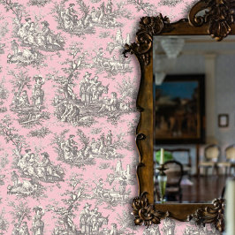 Elegant  zwart roze toile de jouy behang