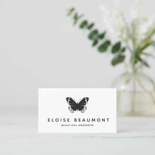 Elegant Zwart Roze Vlinder Event Planner Visitekaartje (Staand voorkant)