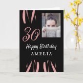 Elegant Zwart Roze Waterverf 30e Verjaardag Foto Kaart (Gele Bloem)