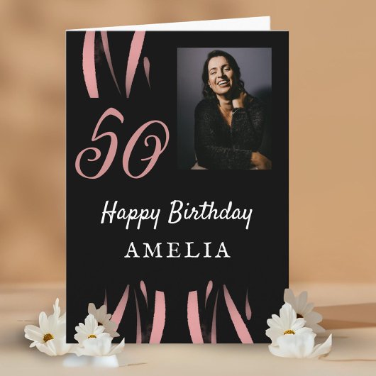 Elegant Zwart Roze Waterverf 50ste Verjaardagsfoto Kaart