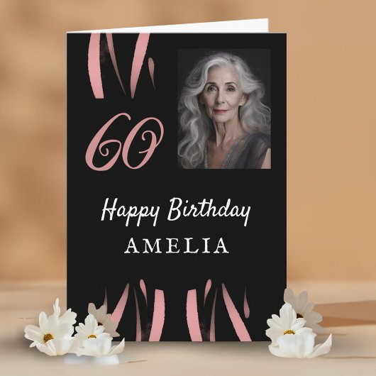 Elegant Zwart Roze Waterverf 60e Verjaardag Foto Kaart