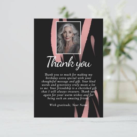 Elegant Zwart Roze Waterverf 70e Verjaardag Foto Bedankkaart (Staand voorkant)