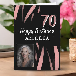 Elegant Zwart Roze Waterverf 70e Verjaardag Foto Kaart