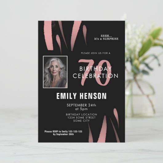 Elegant Zwart Roze Waterverf 70e Verjaardag Foto Kaart (Staand voorkant)