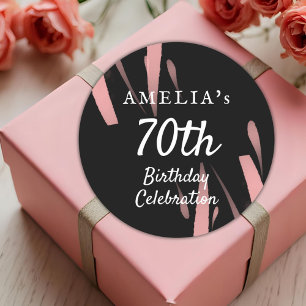 Elegant Zwart Roze Waterverf 70e Verjaardag Ronde Sticker
