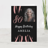 Elegant Zwart Roze Waterverf 80e Verjaardag Foto Kaart (Voorkant)