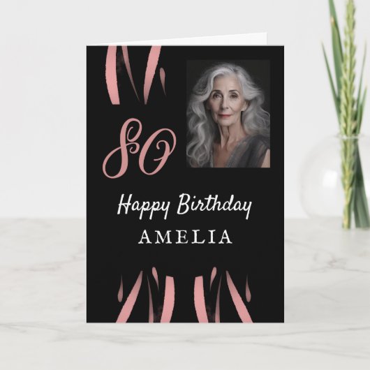 Elegant Zwart Roze Waterverf 80e Verjaardag Foto Kaart (Voorkant)