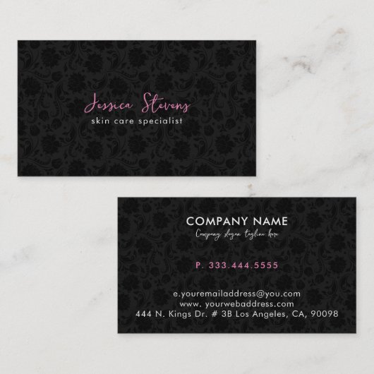 Elegant Zwart Roze & Wit  Damasks Visitekaartje (Voorkant / Achterkant)