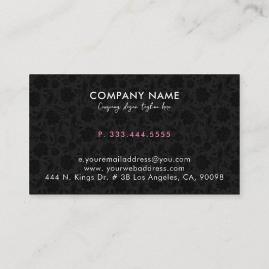 Elegant Zwart Roze & Wit  Damasks Visitekaartje (Achterkant)