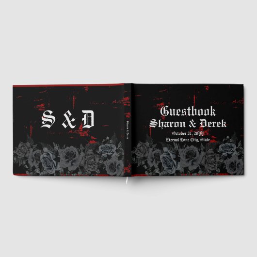 Elegant Zwart Rozen Rood Zwart Grunge Bruiloft Gastenboek (Volledig)