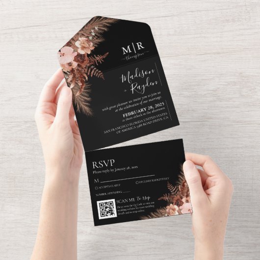 Elegant Zwart Rustiek Pampas QR Code Bruiloft All In One Uitnodiging (Afscheurbaar)