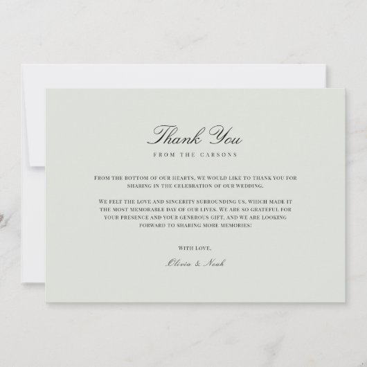 Elegant Zwart & Sage Groen Bedankt Card (Voorkant)