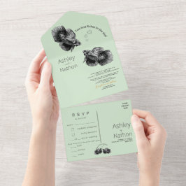 Elegant Zwart Sage Kust aquarel Bruiloft All In One Uitnodiging