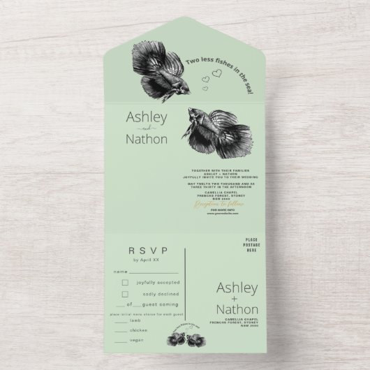 Elegant Zwart Sage Kust aquarel Bruiloft All In One Uitnodiging (Binnen)