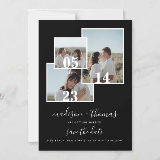 Elegant zwart script 3 foto bruiloft bewaar de dat magnetische uitnodiging (Voorkant)