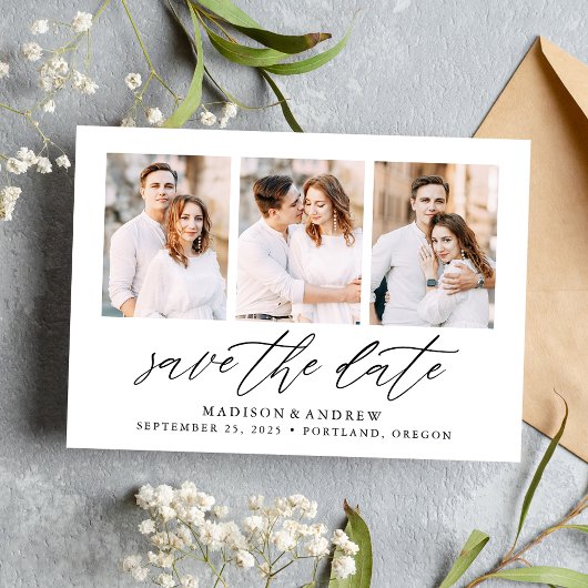 Elegant zwart script 3 fotocollage save the date