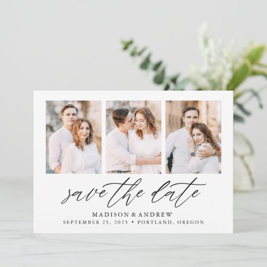 Elegant zwart script 3 fotocollage save the date (Staand voorkant)