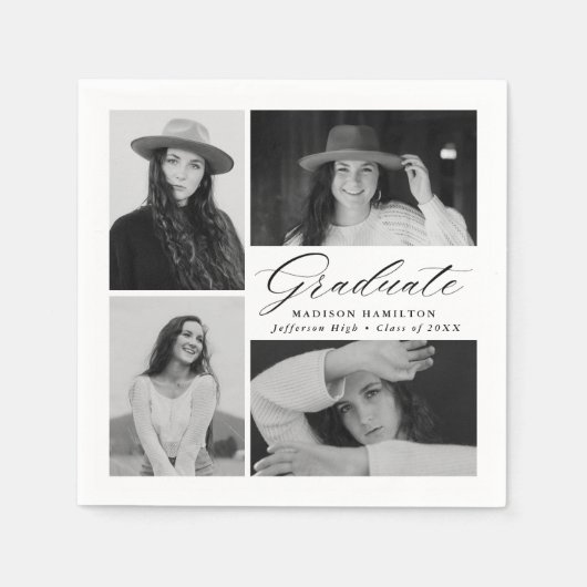 Elegant zwart Script 4 Foto Afstuderen Servet (Voorkant)