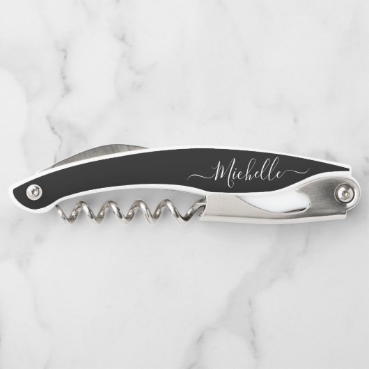 Elegant Zwart Script Aangepaste naam Kurkentrekker (Achterkant)