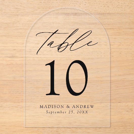 Elegant zwart script acryl boog tabel nummer uitnodigingen (Voorkant)