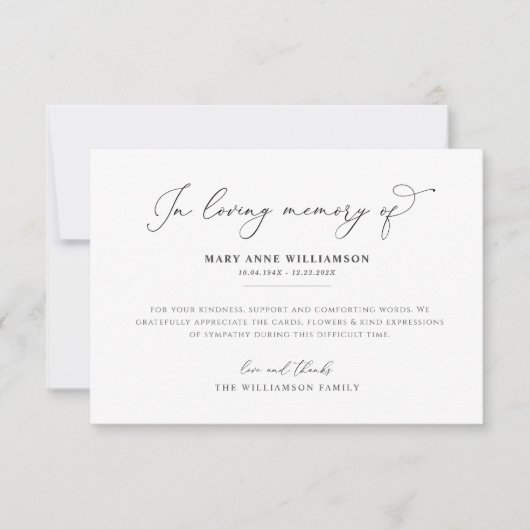 Elegant zwart script begrafenis bedankkaart (Voorkant)