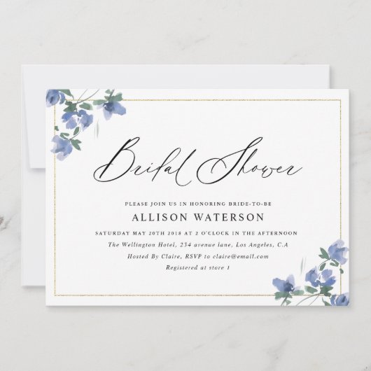 elegant zwart script blauw floral vrijgezellenfees kaart (Voorkant)