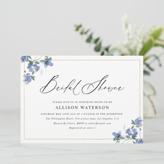 elegant zwart script blauw floral vrijgezellenfees kaart (Staand voorkant)