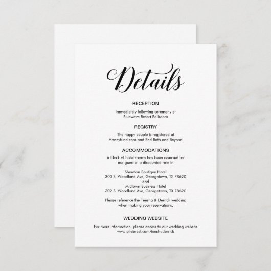 Elegant zwart script, bruiloft details informatie informatiekaartje (Voorkant / Achterkant)