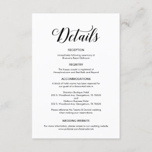 Elegant zwart script, bruiloft details informatie informatiekaartje
