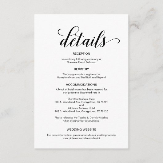 Elegant zwart script, bruiloft details informatie informatiekaartje (Voorkant)