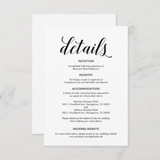 Elegant zwart script, bruiloft details informatie informatiekaartje (Voorkant / Achterkant)