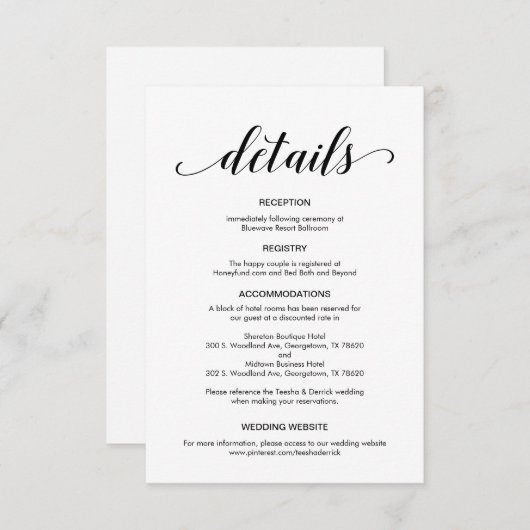 Elegant zwart script, bruiloft details informatie informatiekaartje (Voorkant / Achterkant)
