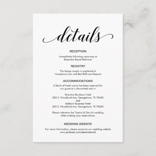 Elegant zwart script, bruiloft details informatie informatiekaartje (Voorkant)