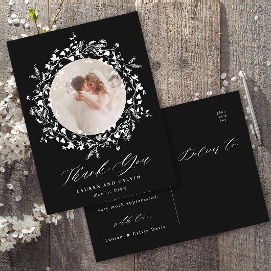 Elegant zwart script bruiloft foto dank u zwart briefkaart