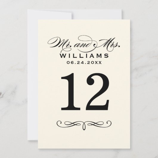 Elegant Zwart Script Bruiloft Monogram Tafelnummer (Voorkant)